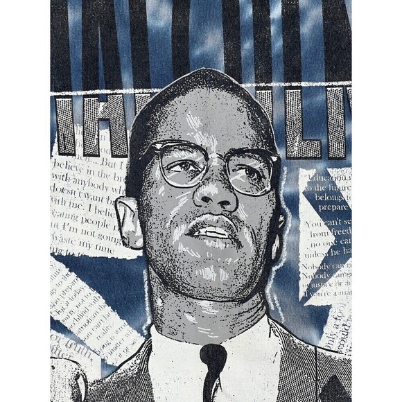 Vintage 90s Malcom X By Any Means Necessary Dont Sell Out T-Shirt Blue Tie Dye M - Picture 6 of 11